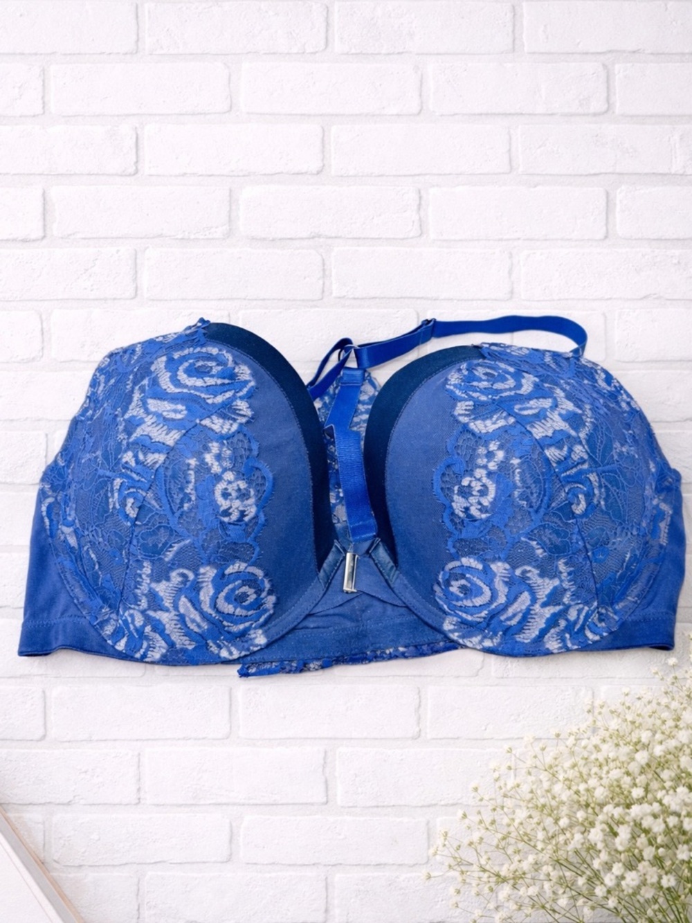 Cacique Plunge Underwire Front Closure Racerback Blue Silver Lace Bra Size 42DD